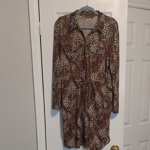 Leopard Print Long Sleeve Shirt Dress in Brown